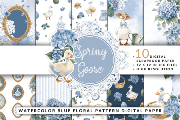 Download Spring Goose Blue Floral Digital Paper - Blue Collection