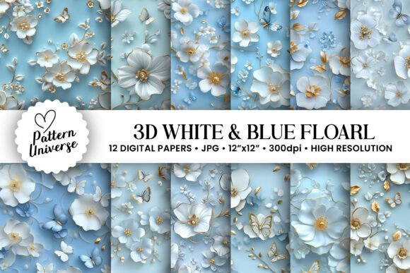 Download 3D White and Blue Floral Pattern - Blue Collection